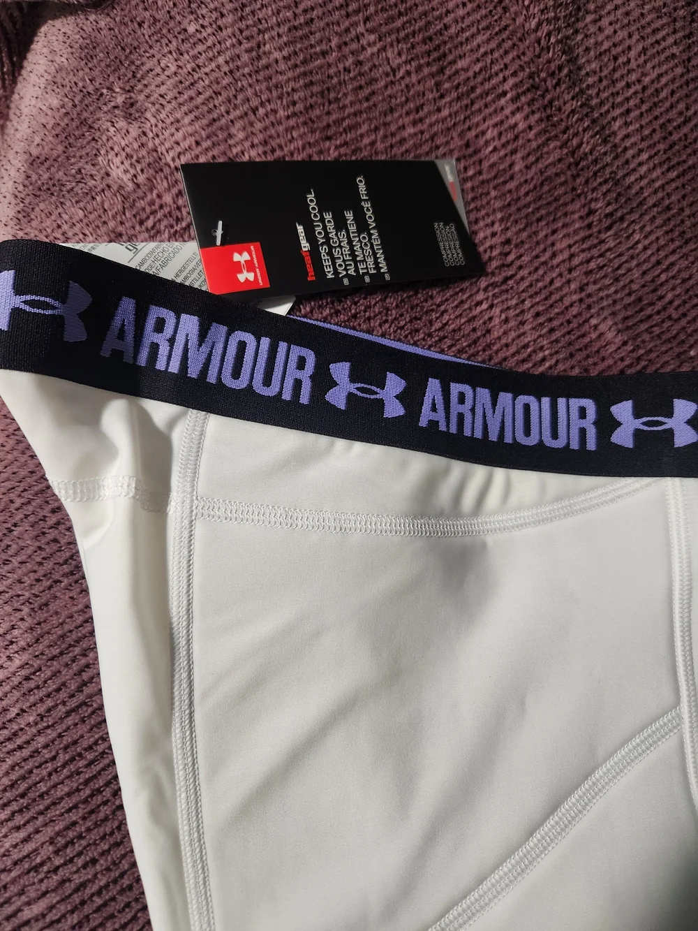 Under Armour White Compression Bike Shorts with Purple Branded Waistband